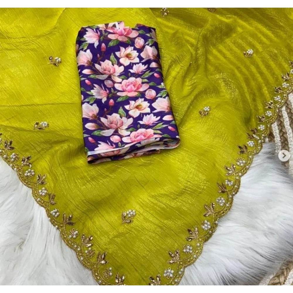 Generic Women's Stone Work Soft Silk Saree With Unstitched Blouse (Green, 5-6 Mtrs) - MYLUXURY LANE ENTERPRISE