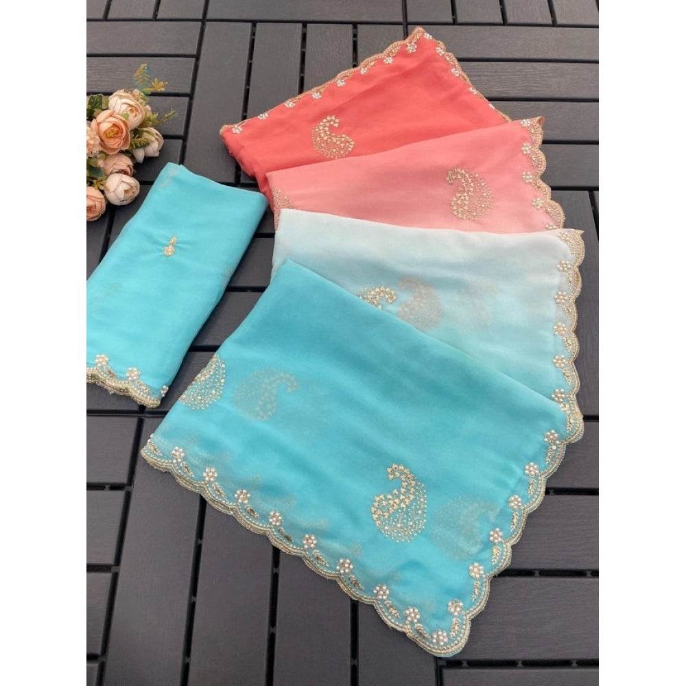 Generic Women's Digital Printed  Geogette Saree With Unstitched Blouse (Blue, 5-6 Mtrs) - MYLUXURY LANE ENTERPRISE