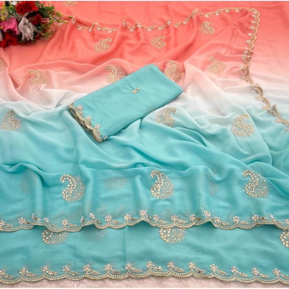 Generic Women's Digital Printed  Geogette Saree With Unstitched Blouse (Blue, 5-6 Mtrs) - MYLUXURY LANE ENTERPRISE