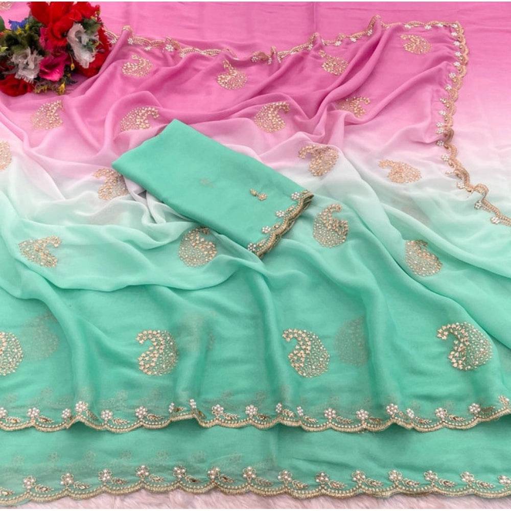 Generic Women's Digital Printed  Geogette Saree With Unstitched Blouse (Light Green, 5-6 Mtrs) - MYLUXURY LANE ENTERPRISE