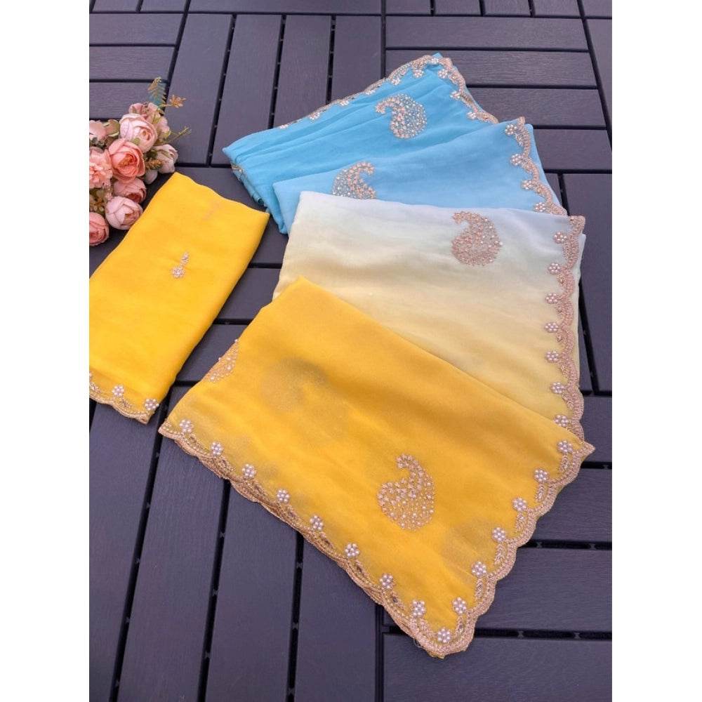 Generic Women's Digital Printed  Geogette Saree With Unstitched Blouse (Yellow, 5-6 Mtrs) - MYLUXURY LANE ENTERPRISE