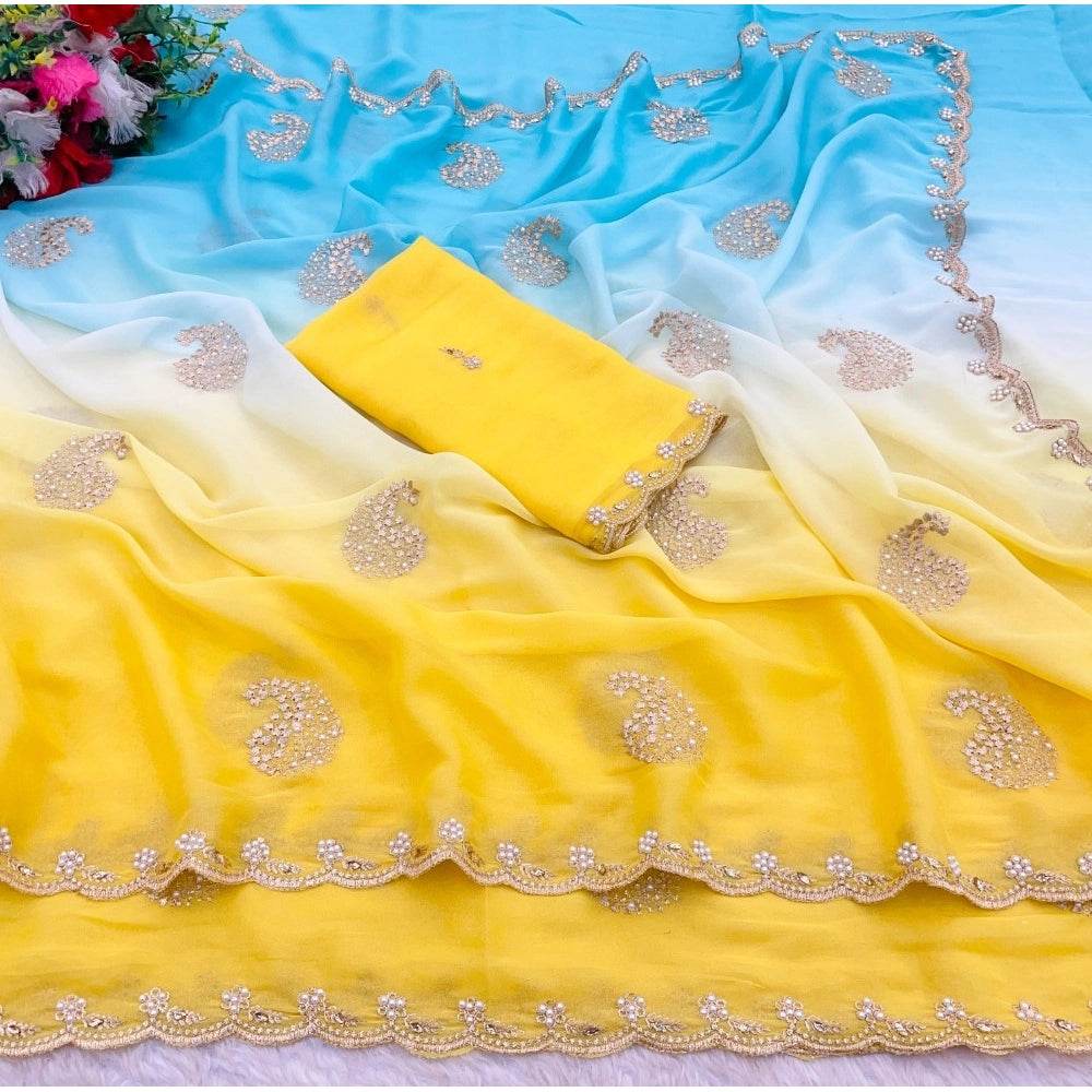 Generic Women's Digital Printed  Geogette Saree With Unstitched Blouse (Yellow, 5-6 Mtrs) - MYLUXURY LANE ENTERPRISE