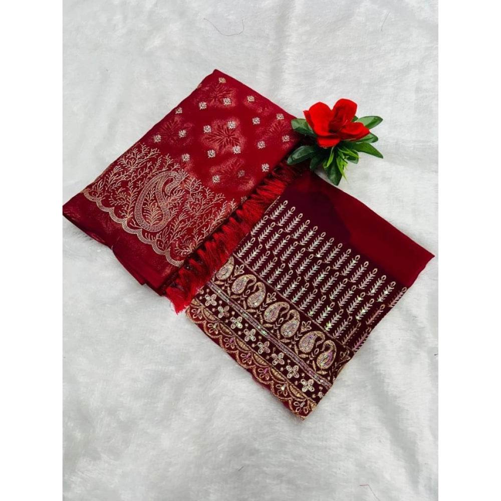Generic Women's Embroidered Georgette Saree With Unstitched Blouse (Red, 5-6 Mtrs) - MYLUXURY LANE ENTERPRISE