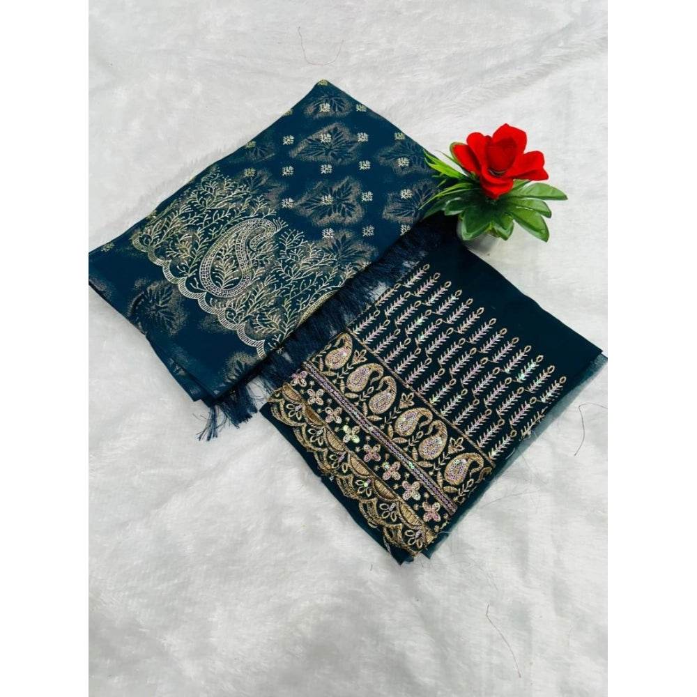 Generic Women's Embroidered Georgette Saree With Unstitched Blouse (Dark Blue, 5-6 Mtrs) - MYLUXURY LANE ENTERPRISE