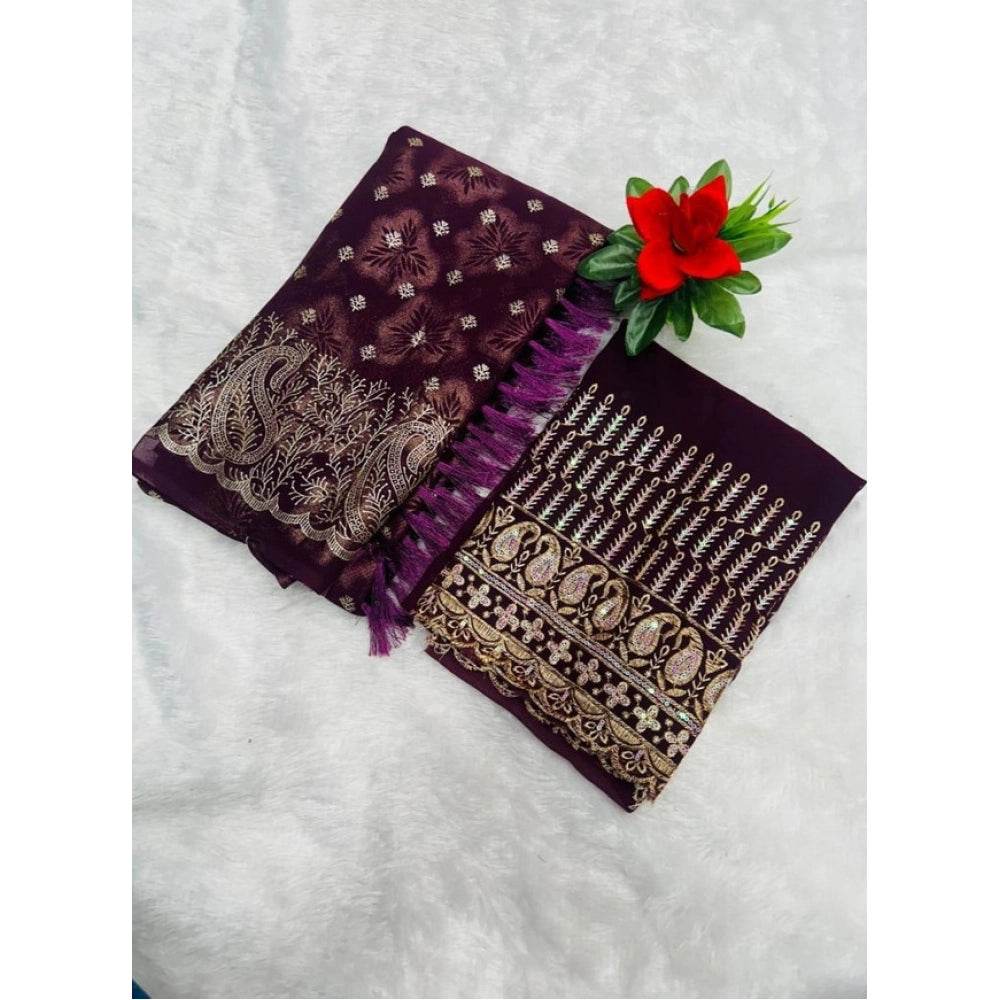 Generic Women's Embroidered Georgette Saree With Unstitched Blouse (Magenta, 5-6 Mtrs) - MYLUXURY LANE ENTERPRISE