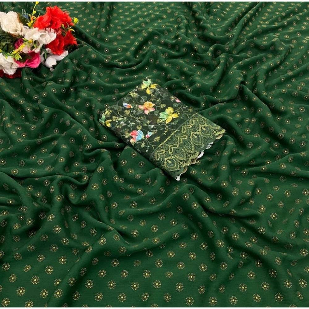 Generic Women's Printed Brasso Saree With Unstitched Blouse (Green, 5-6 Mtrs) - MYLUXURY LANE ENTERPRISE