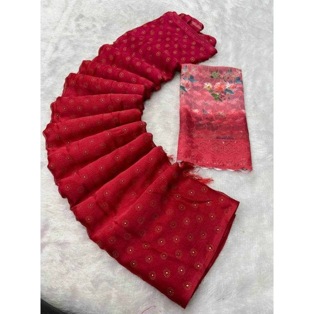 Generic Women's Printed Brasso Saree With Unstitched Blouse (Red, 5-6 Mtrs) - MYLUXURY LANE ENTERPRISE