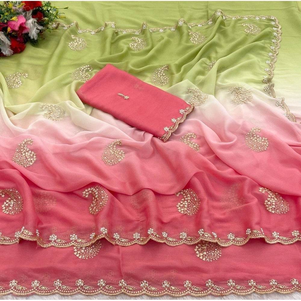 Generic Women's Digital Printed  Geogette Saree With Unstitched Blouse (Blue, 5-6 Mtrs) - MYLUXURY LANE ENTERPRISE