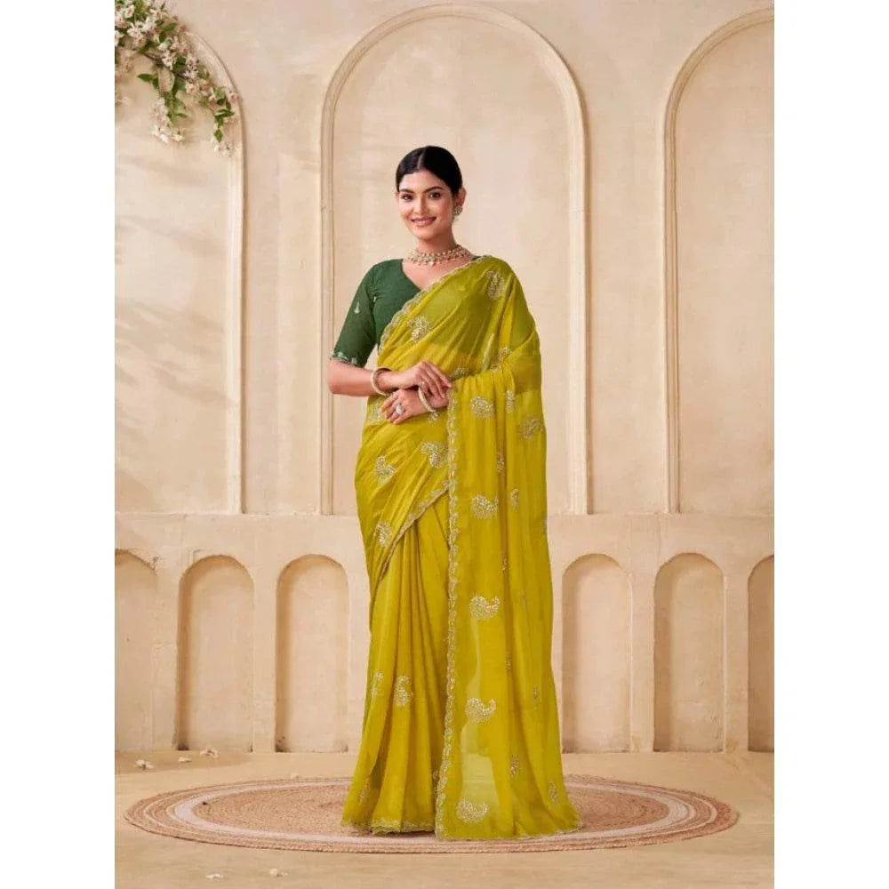 Generic Women's Digital Printed  Georgette Saree With Unstitched Blouse (Yellow, 5-6 Mtrs) - MYLUXURY LANE ENTERPRISE