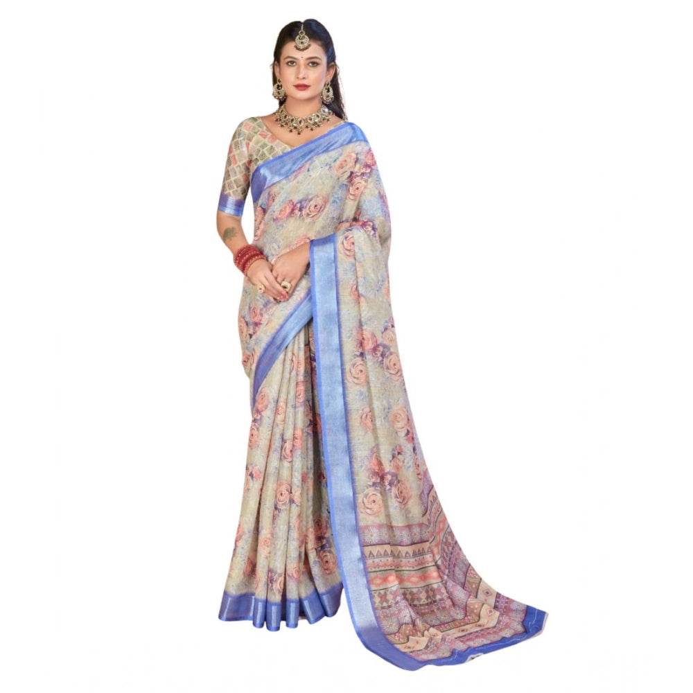 Generic Women's Printed Cotton Linen Saree withPrinted Saree With Unstitched Blouse (Beige, 5-6Mtrs) - MYLUXURY LANE ENTERPRISE