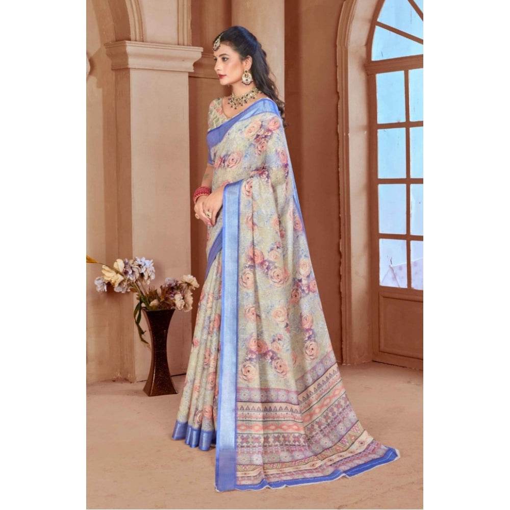 Generic Women's Printed Cotton Linen Saree withPrinted Saree With Unstitched Blouse (Beige, 5-6Mtrs) - MYLUXURY LANE ENTERPRISE