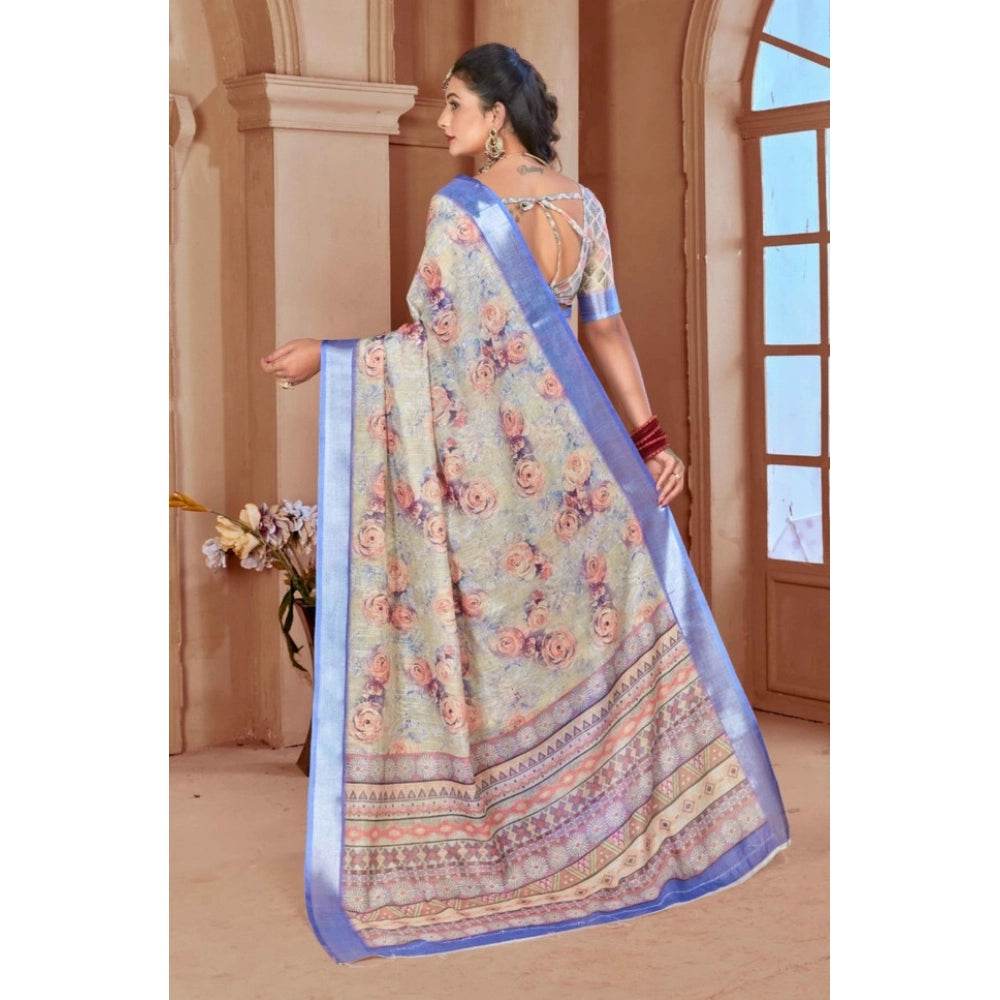 Generic Women's Printed Cotton Linen Saree withPrinted Saree With Unstitched Blouse (Beige, 5-6Mtrs) - MYLUXURY LANE ENTERPRISE
