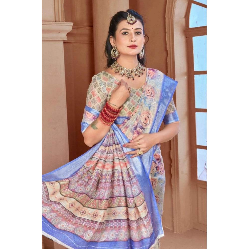 Generic Women's Printed Cotton Linen Saree withPrinted Saree With Unstitched Blouse (Beige, 5-6Mtrs) - MYLUXURY LANE ENTERPRISE
