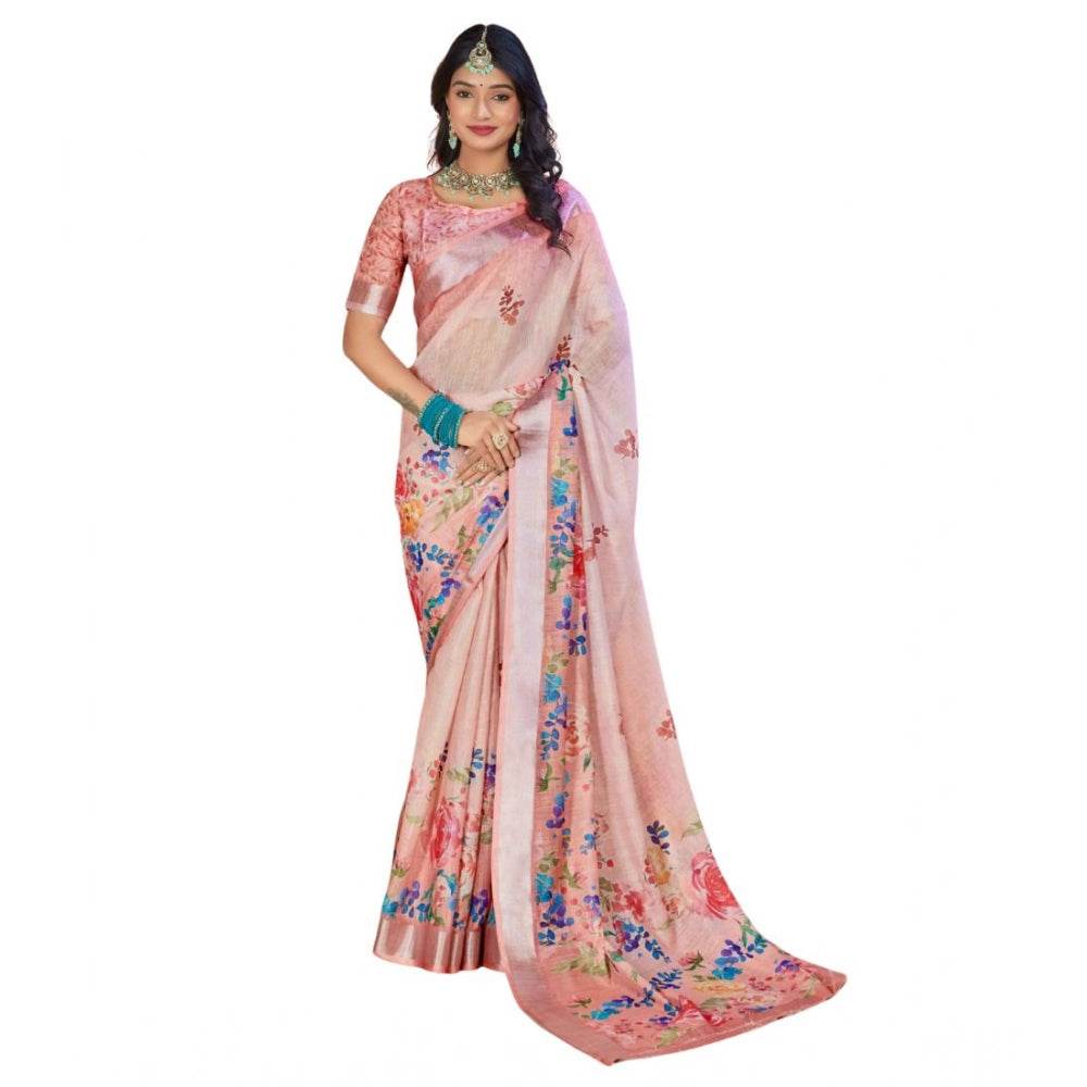 Generic Women's Printed Cotton Linen Saree withPrinted Saree With Unstitched Blouse (Pink , 5-6Mtrs) - MYLUXURY LANE ENTERPRISE