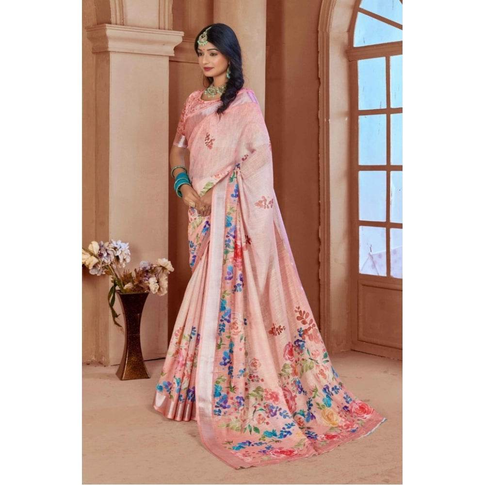 Generic Women's Printed Cotton Linen Saree withPrinted Saree With Unstitched Blouse (Pink , 5-6Mtrs) - MYLUXURY LANE ENTERPRISE