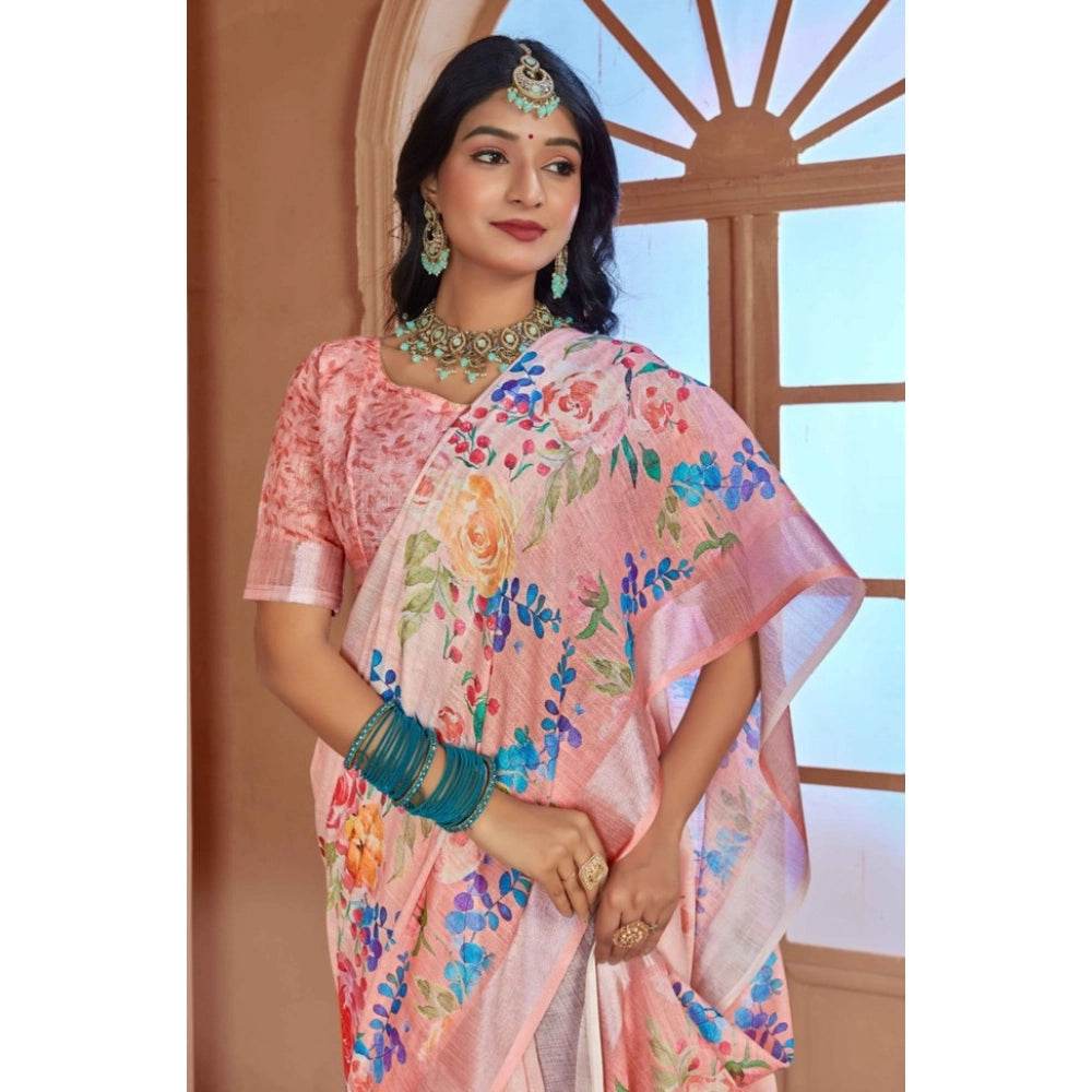 Generic Women's Printed Cotton Linen Saree withPrinted Saree With Unstitched Blouse (Pink , 5-6Mtrs) - MYLUXURY LANE ENTERPRISE