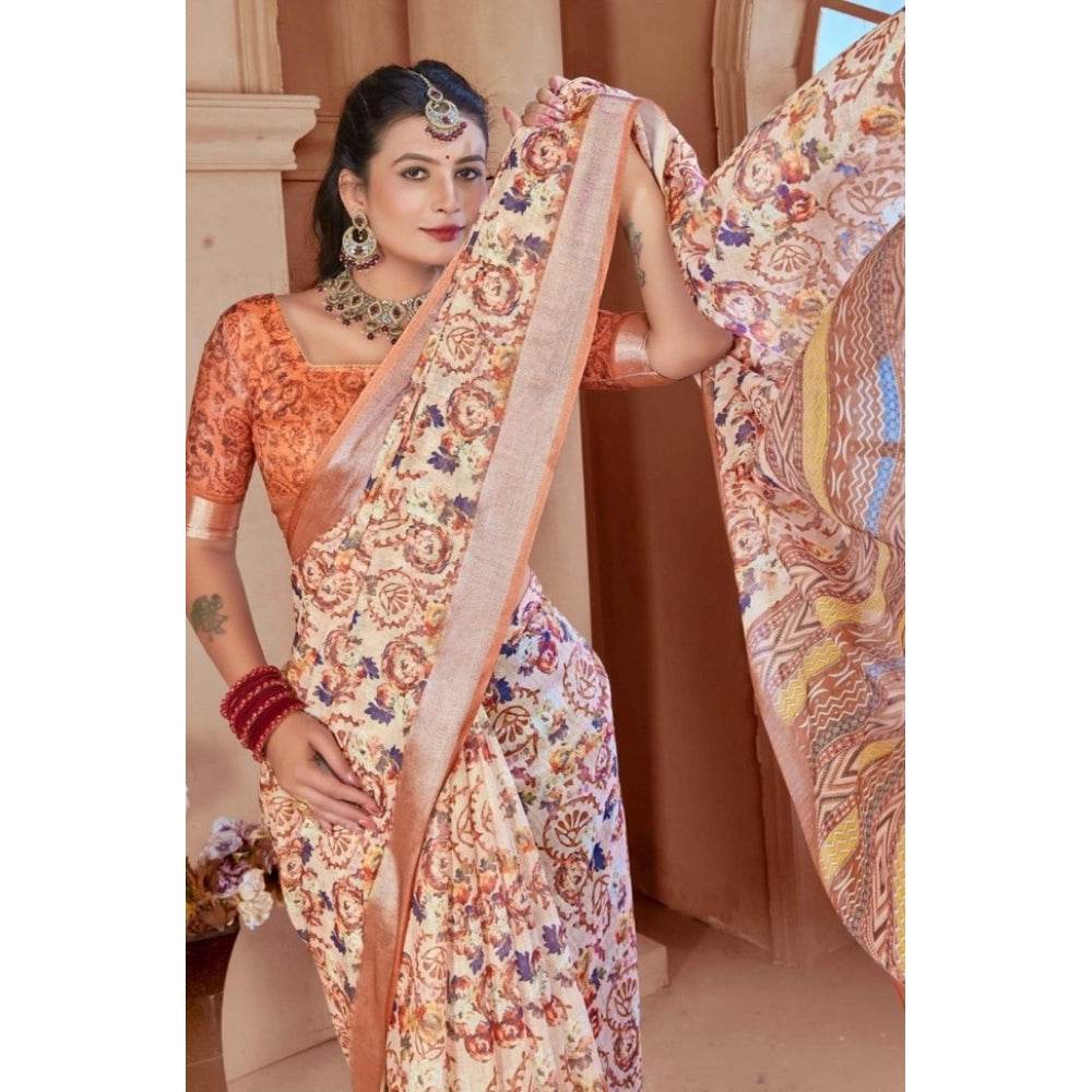 Generic Women's Printed Cotton Linen Saree withPrinted Saree With Unstitched Blouse (Orange , 5-6Mtrs) - MYLUXURY LANE ENTERPRISE