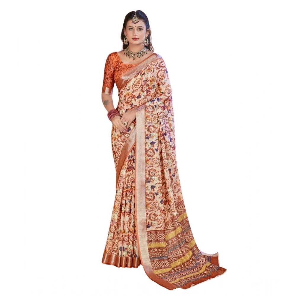 Generic Women's Printed Cotton Linen Saree withPrinted Saree With Unstitched Blouse (Orange , 5-6Mtrs) - MYLUXURY LANE ENTERPRISE