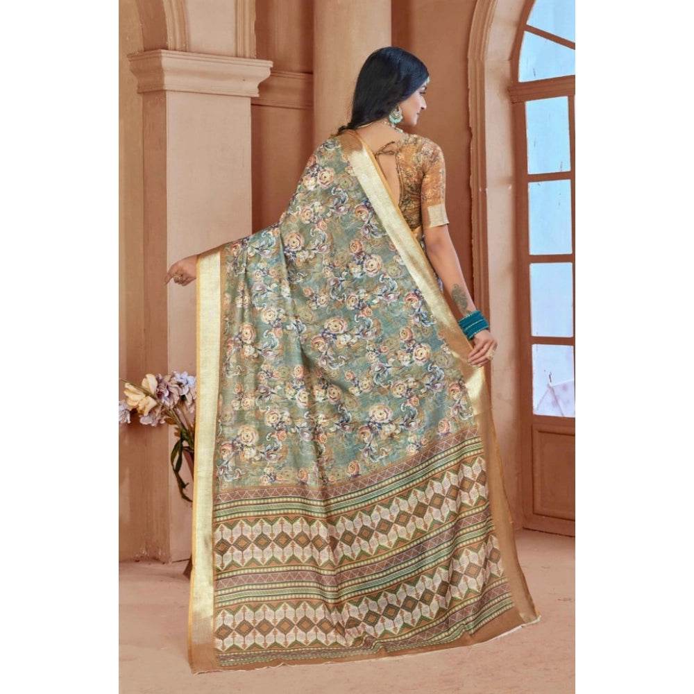 Generic Women's Printed Cotton Linen Saree withPrinted Saree With Unstitched Blouse (Green, 5-6Mtrs) - MYLUXURY LANE ENTERPRISE