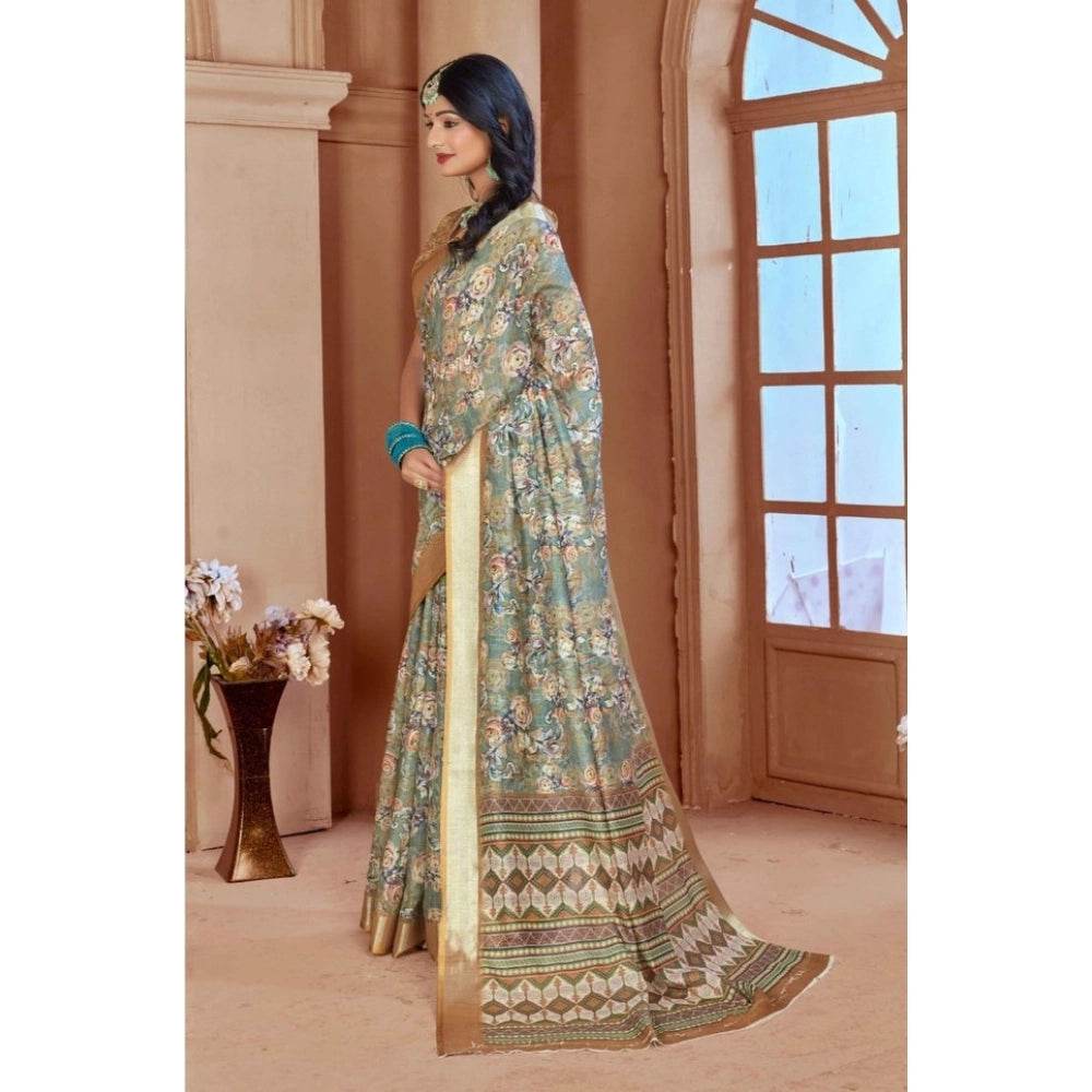Generic Women's Printed Cotton Linen Saree withPrinted Saree With Unstitched Blouse (Green, 5-6Mtrs) - MYLUXURY LANE ENTERPRISE