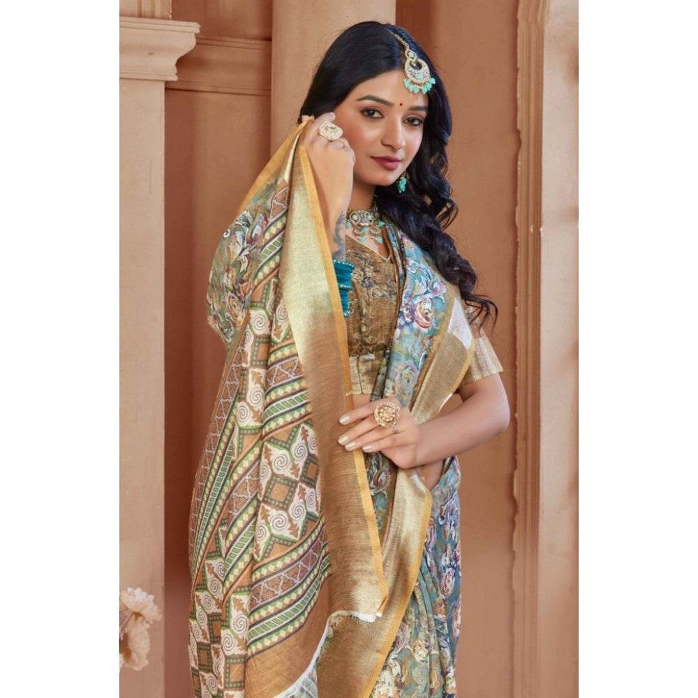 Generic Women's Printed Cotton Linen Saree withPrinted Saree With Unstitched Blouse (Green, 5-6Mtrs) - MYLUXURY LANE ENTERPRISE