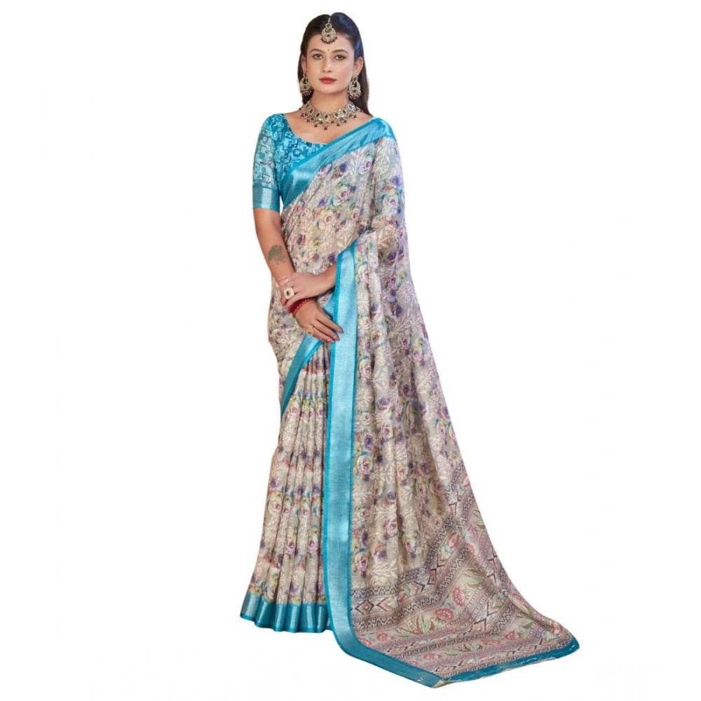 Generic Women's Printed Cotton Linen Saree withPrinted Saree With Unstitched Blouse (Rust , 5-6Mtrs) - MYLUXURY LANE ENTERPRISE