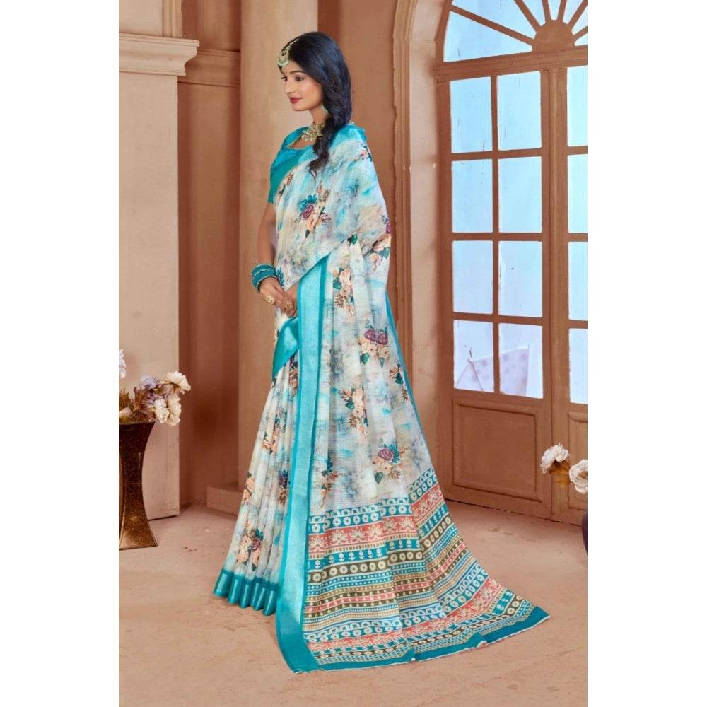 Generic Women's Printed Cotton Linen Saree withPrinted Saree With Unstitched Blouse (Blue, 5-6Mtrs) - MYLUXURY LANE ENTERPRISE
