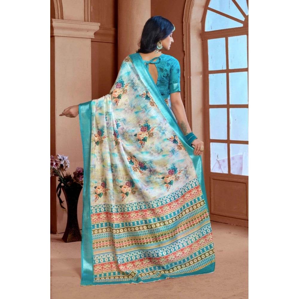 Generic Women's Printed Cotton Linen Saree withPrinted Saree With Unstitched Blouse (Blue, 5-6Mtrs) - MYLUXURY LANE ENTERPRISE