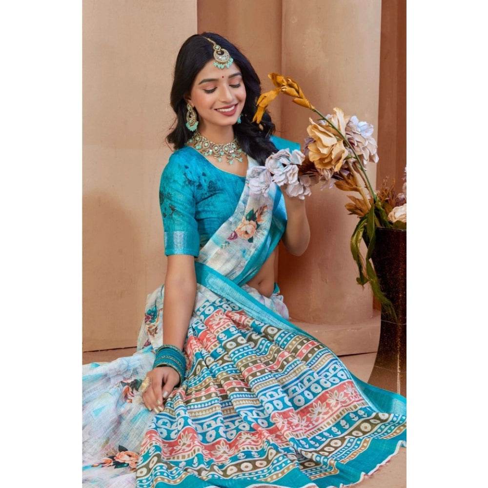 Generic Women's Printed Cotton Linen Saree withPrinted Saree With Unstitched Blouse (Blue, 5-6Mtrs) - MYLUXURY LANE ENTERPRISE