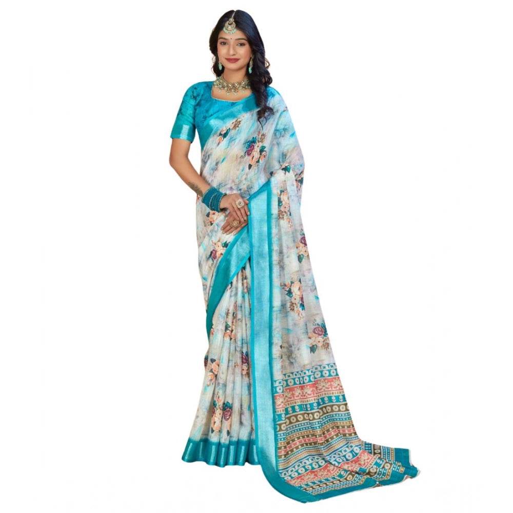 Generic Women's Printed Cotton Linen Saree withPrinted Saree With Unstitched Blouse (Blue, 5-6Mtrs) - MYLUXURY LANE ENTERPRISE