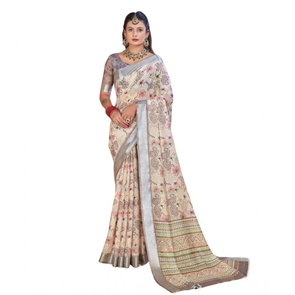 Generic Women's Printed Cotton Linen Saree withPrinted Saree With Unstitched Blouse (Beige, 5-6Mtrs) - MYLUXURY LANE ENTERPRISE