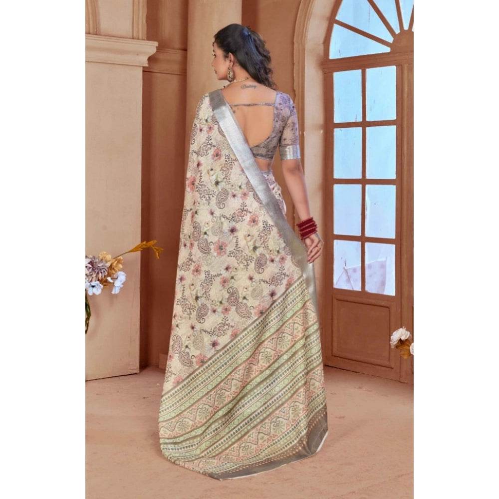Generic Women's Printed Cotton Linen Saree withPrinted Saree With Unstitched Blouse (Beige, 5-6Mtrs) - MYLUXURY LANE ENTERPRISE