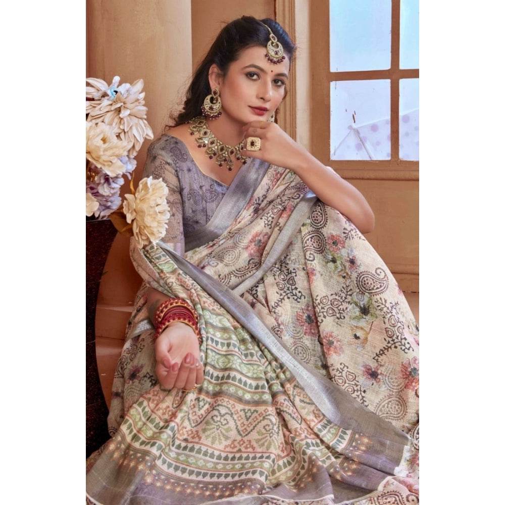Generic Women's Printed Cotton Linen Saree withPrinted Saree With Unstitched Blouse (Beige, 5-6Mtrs) - MYLUXURY LANE ENTERPRISE