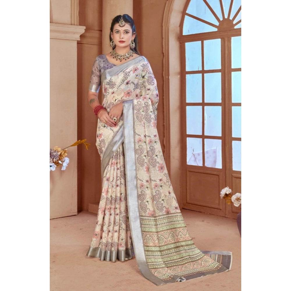 Generic Women's Printed Cotton Linen Saree withPrinted Saree With Unstitched Blouse (Beige, 5-6Mtrs) - MYLUXURY LANE ENTERPRISE