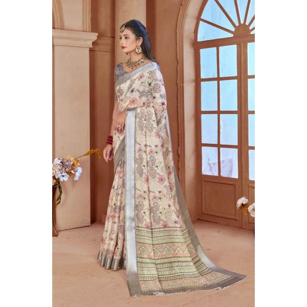 Generic Women's Printed Cotton Linen Saree withPrinted Saree With Unstitched Blouse (Beige, 5-6Mtrs) - MYLUXURY LANE ENTERPRISE