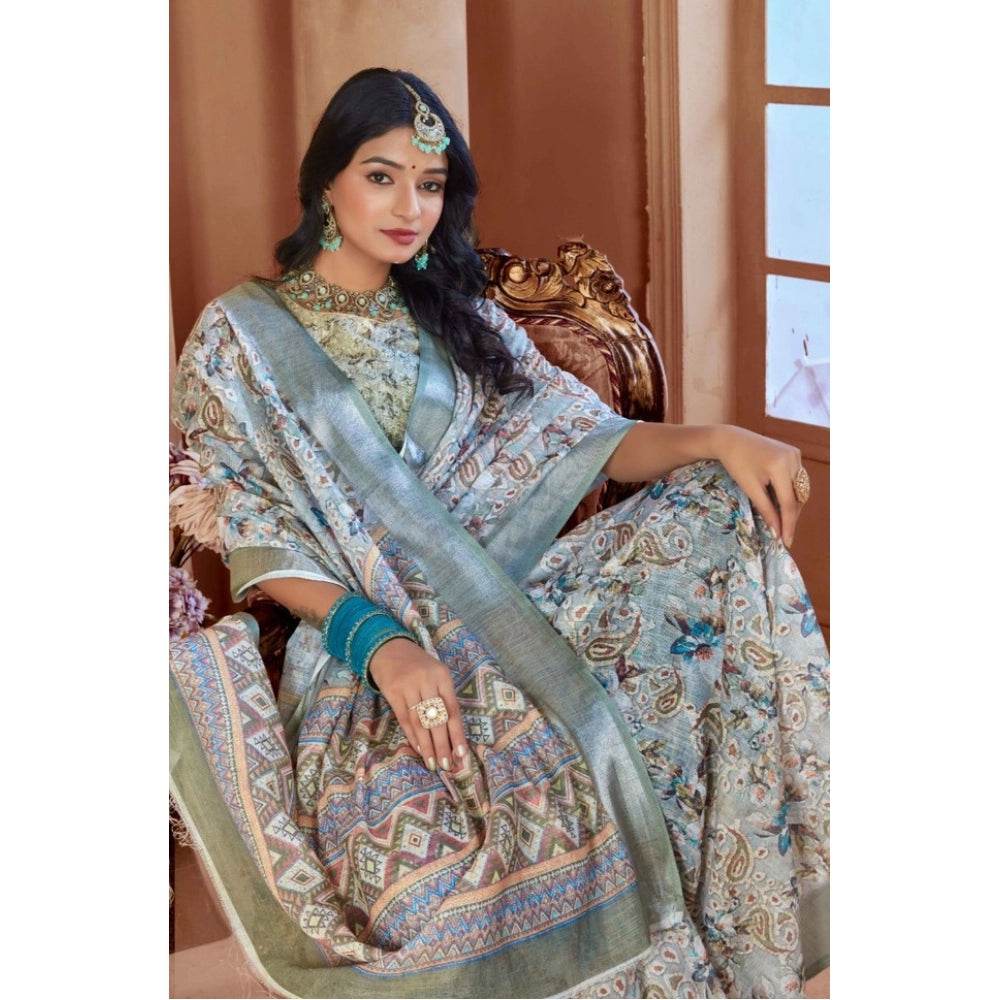Generic Women's Printed Cotton Linen Saree withPrinted Saree With Unstitched Blouse (Mint Green, 5-6Mtrs) - MYLUXURY LANE ENTERPRISE