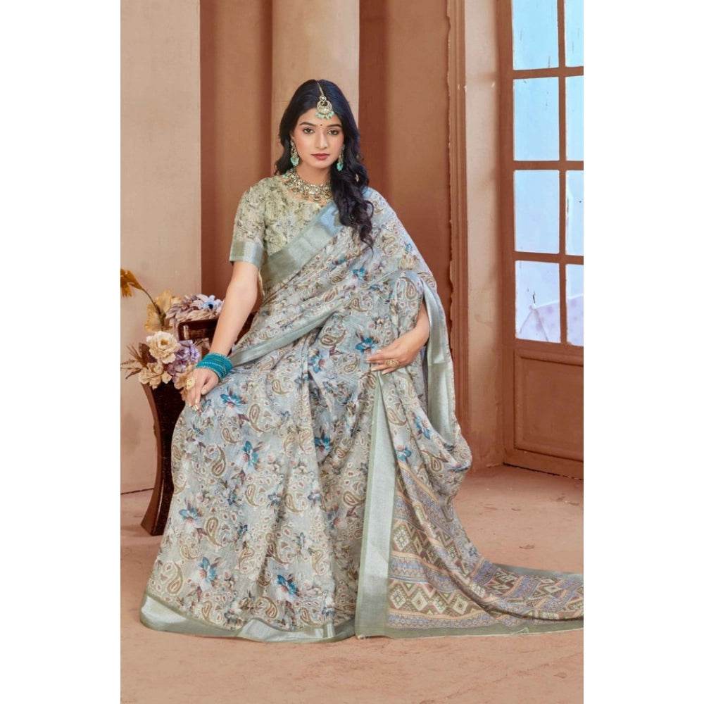 Generic Women's Printed Cotton Linen Saree withPrinted Saree With Unstitched Blouse (Mint Green, 5-6Mtrs) - MYLUXURY LANE ENTERPRISE