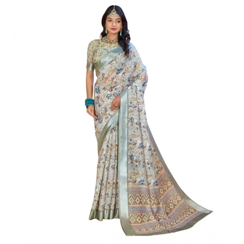 Generic Women's Printed Cotton Linen Saree withPrinted Saree With Unstitched Blouse (Mint Green, 5-6Mtrs) - MYLUXURY LANE ENTERPRISE