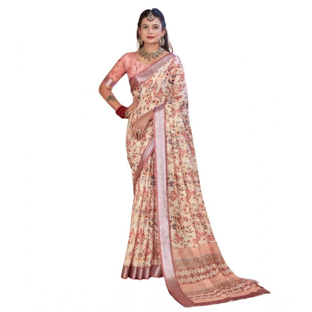 Generic Women's Printed Cotton Linen Saree withPrinted Saree With Unstitched Blouse (Beige, 5-6Mtrs) - MYLUXURY LANE ENTERPRISE