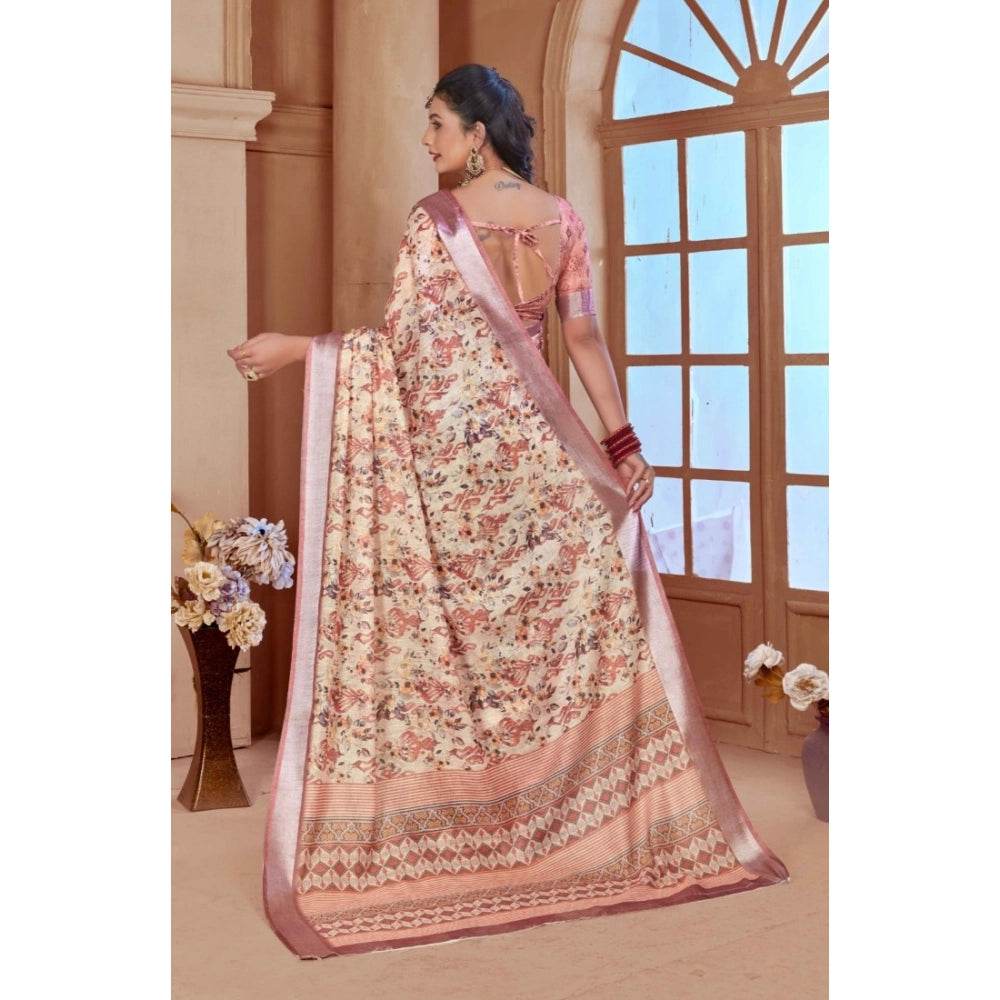 Generic Women's Printed Cotton Linen Saree withPrinted Saree With Unstitched Blouse (Beige, 5-6Mtrs) - MYLUXURY LANE ENTERPRISE
