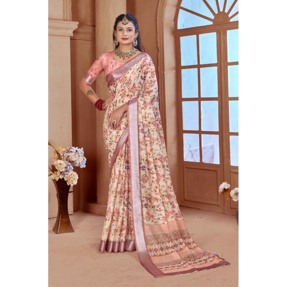 Generic Women's Printed Cotton Linen Saree withPrinted Saree With Unstitched Blouse (Beige, 5-6Mtrs) - MYLUXURY LANE ENTERPRISE