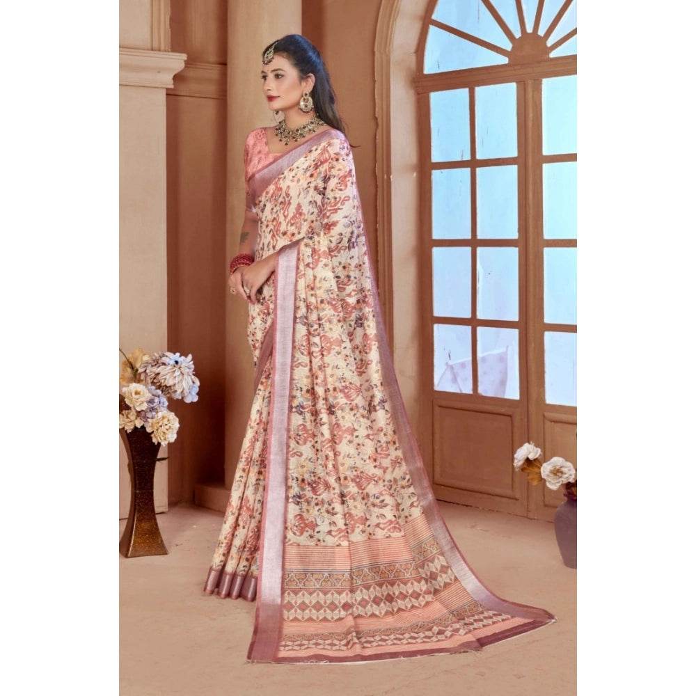 Generic Women's Printed Cotton Linen Saree withPrinted Saree With Unstitched Blouse (Beige, 5-6Mtrs) - MYLUXURY LANE ENTERPRISE