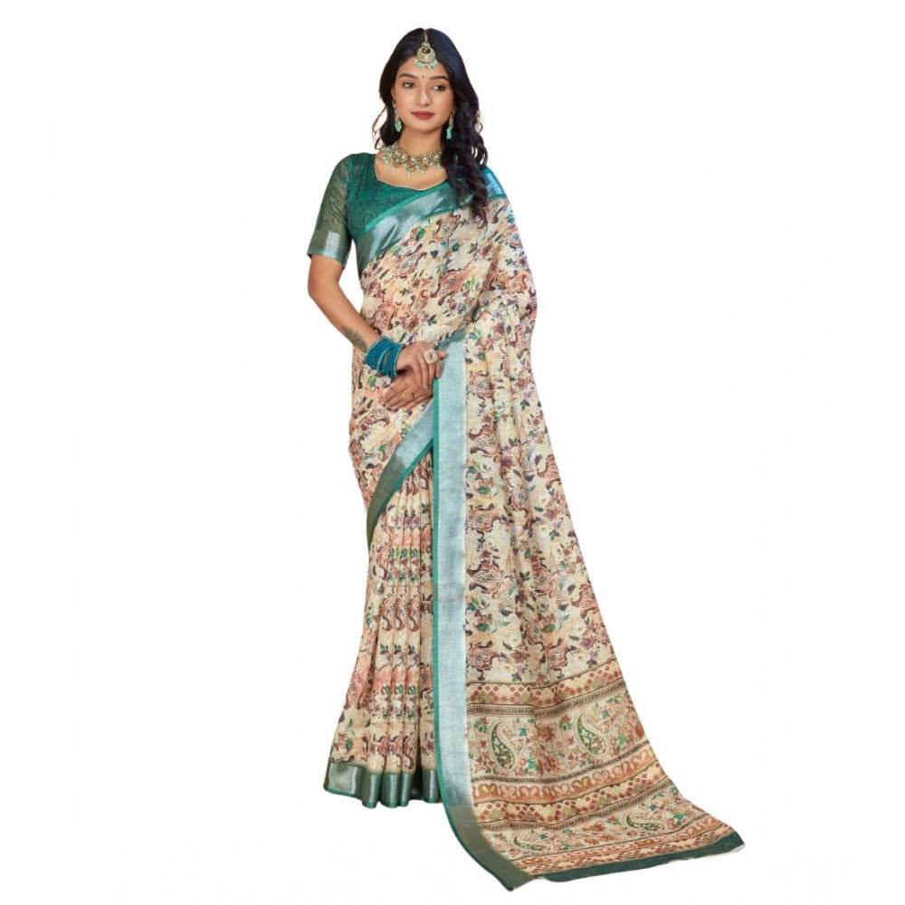 Generic Women's Printed Cotton Linen Saree withPrinted Saree With Unstitched Blouse (Green, 5-6Mtrs) - MYLUXURY LANE ENTERPRISE