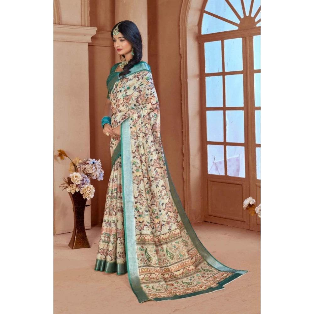 Generic Women's Printed Cotton Linen Saree withPrinted Saree With Unstitched Blouse (Green, 5-6Mtrs) - MYLUXURY LANE ENTERPRISE