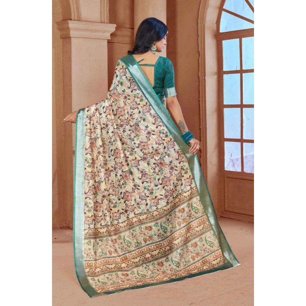 Generic Women's Printed Cotton Linen Saree withPrinted Saree With Unstitched Blouse (Green, 5-6Mtrs) - MYLUXURY LANE ENTERPRISE
