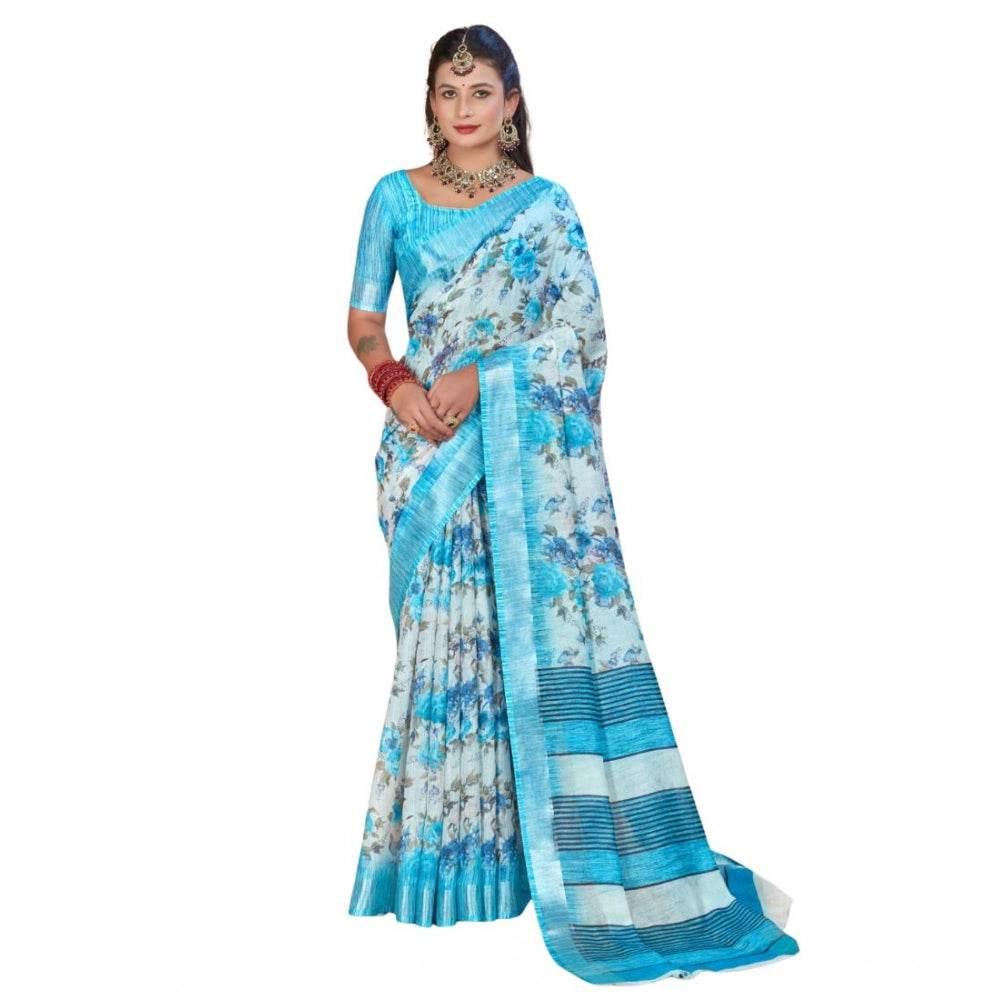 Generic Women's Printed Cotton Linen Saree withPrinted Saree With Unstitched Blouse (Blue, 5-6Mtrs) - MYLUXURY LANE ENTERPRISE