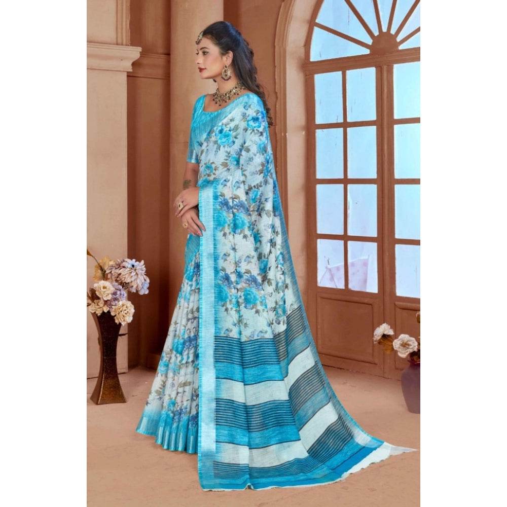 Generic Women's Printed Cotton Linen Saree withPrinted Saree With Unstitched Blouse (Blue, 5-6Mtrs) - MYLUXURY LANE ENTERPRISE