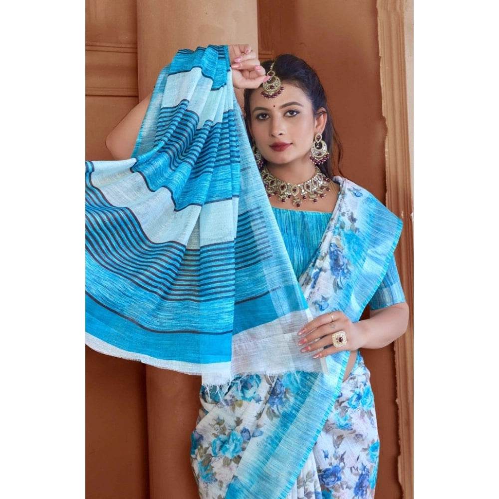 Generic Women's Printed Cotton Linen Saree withPrinted Saree With Unstitched Blouse (Blue, 5-6Mtrs) - MYLUXURY LANE ENTERPRISE