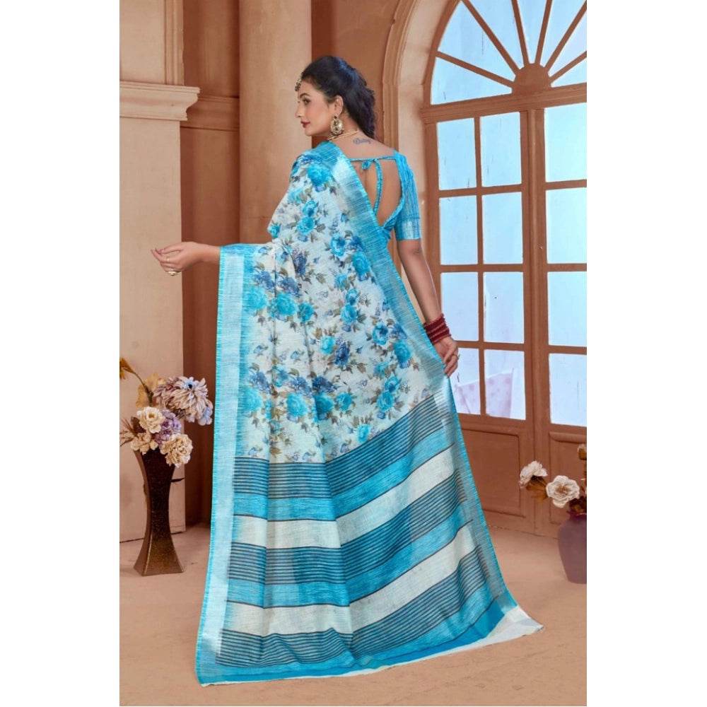 Generic Women's Printed Cotton Linen Saree withPrinted Saree With Unstitched Blouse (Blue, 5-6Mtrs) - MYLUXURY LANE ENTERPRISE