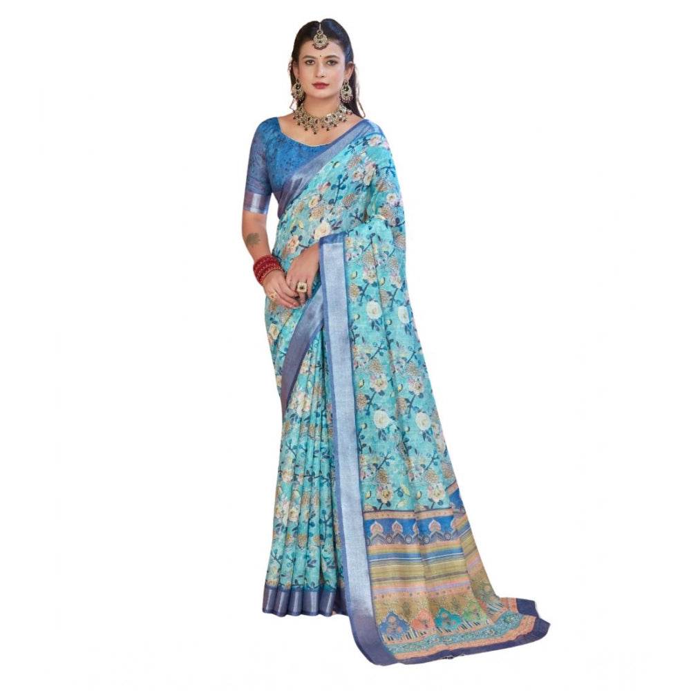 Generic Women's Printed Cotton Linen Saree withPrinted Saree With Unstitched Blouse (Light Blue, 5-6Mtrs) - MYLUXURY LANE ENTERPRISE